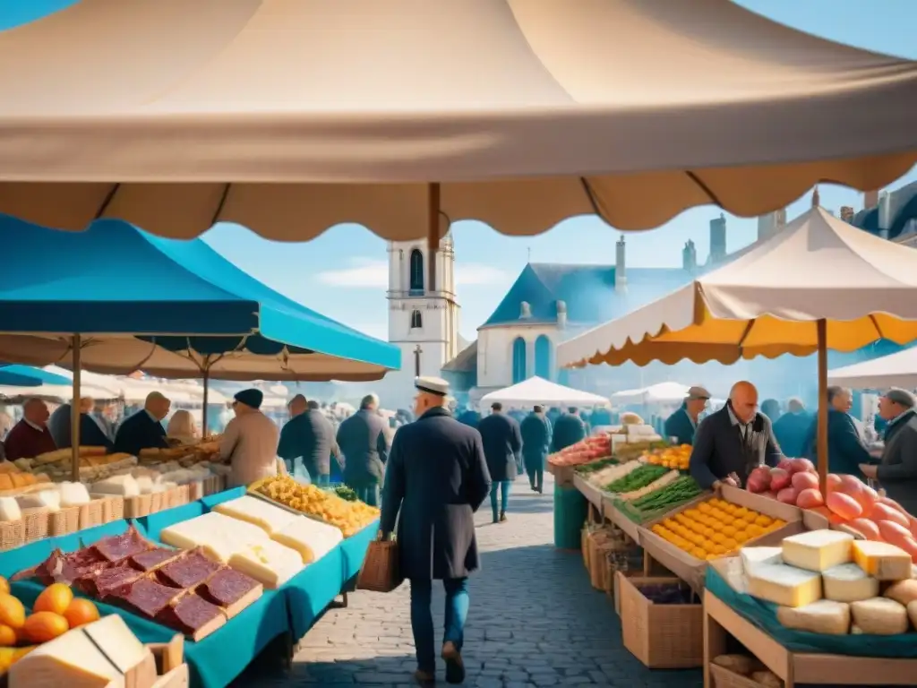 Un mercado francés bullicioso, lleno de coloridos puestos de productos frescos y delicias artesanales