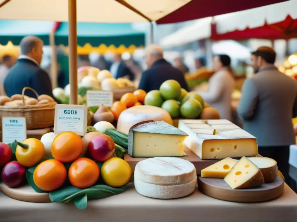 Un mercado francés bullicioso lleno de coloridas paradas de productos frescos, quesos artesanales y panadería, iluminado por la suave luz de la mañana