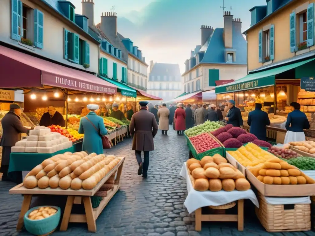 Un mercado francés bullicioso al amanecer, lleno de coloridos puestos de alimentos frescos