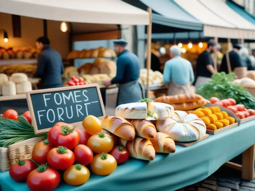 Un mercado francés bullicioso, lleno de coloridas verduras, quesos artesanales y panaderías tradicionales