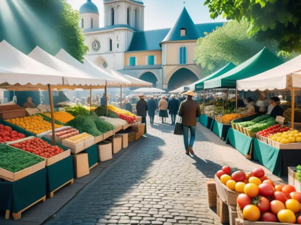 Un mercado francés bullicioso, lleno de color y sabor, donde la sostenibilidad en la cocina francesa cobra vida