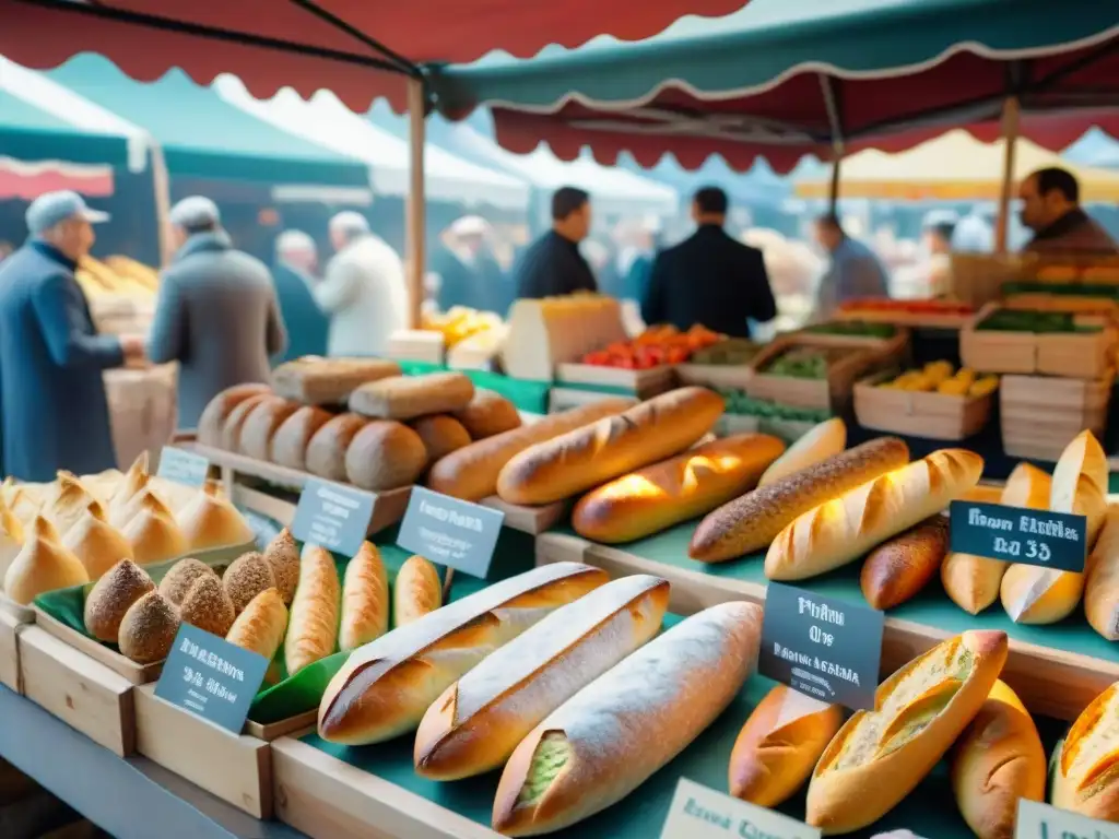 Un mercado francés bullicioso lleno de coloridos puestos con baguettes y quesos frescos