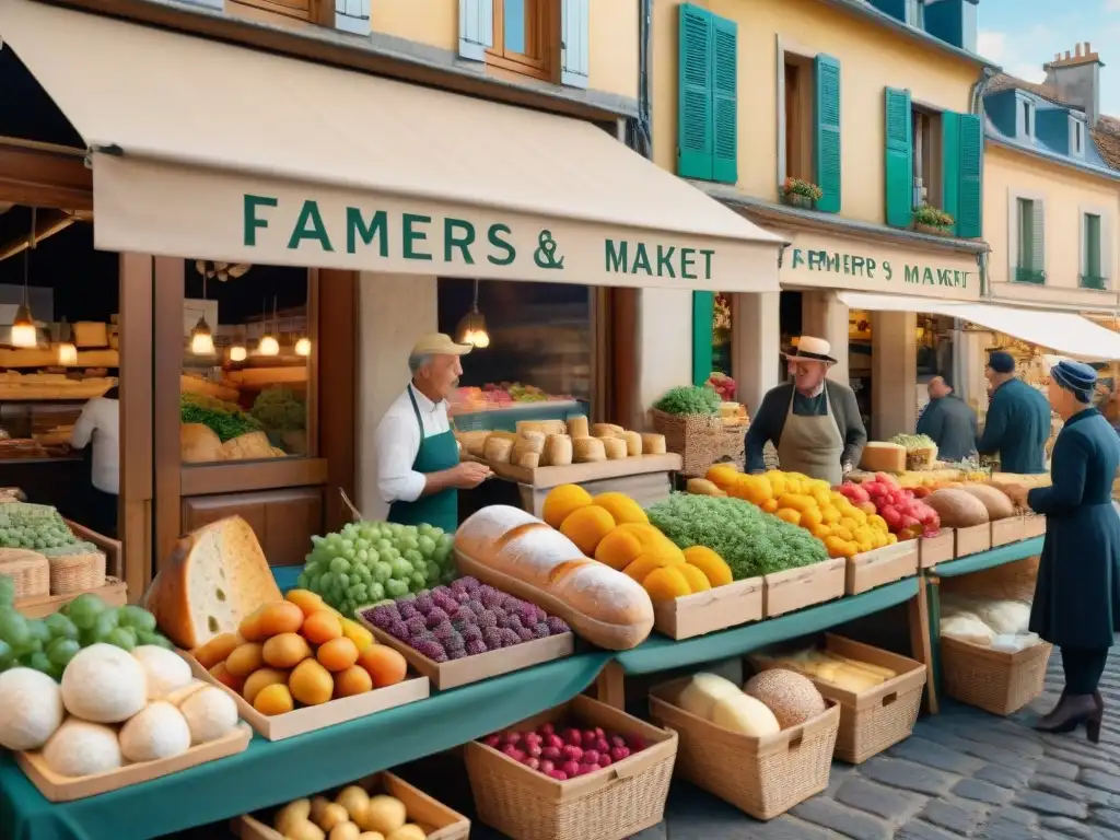 Un mercado francés bullicioso en la mañana, con productos vibrantes y vendedores locales