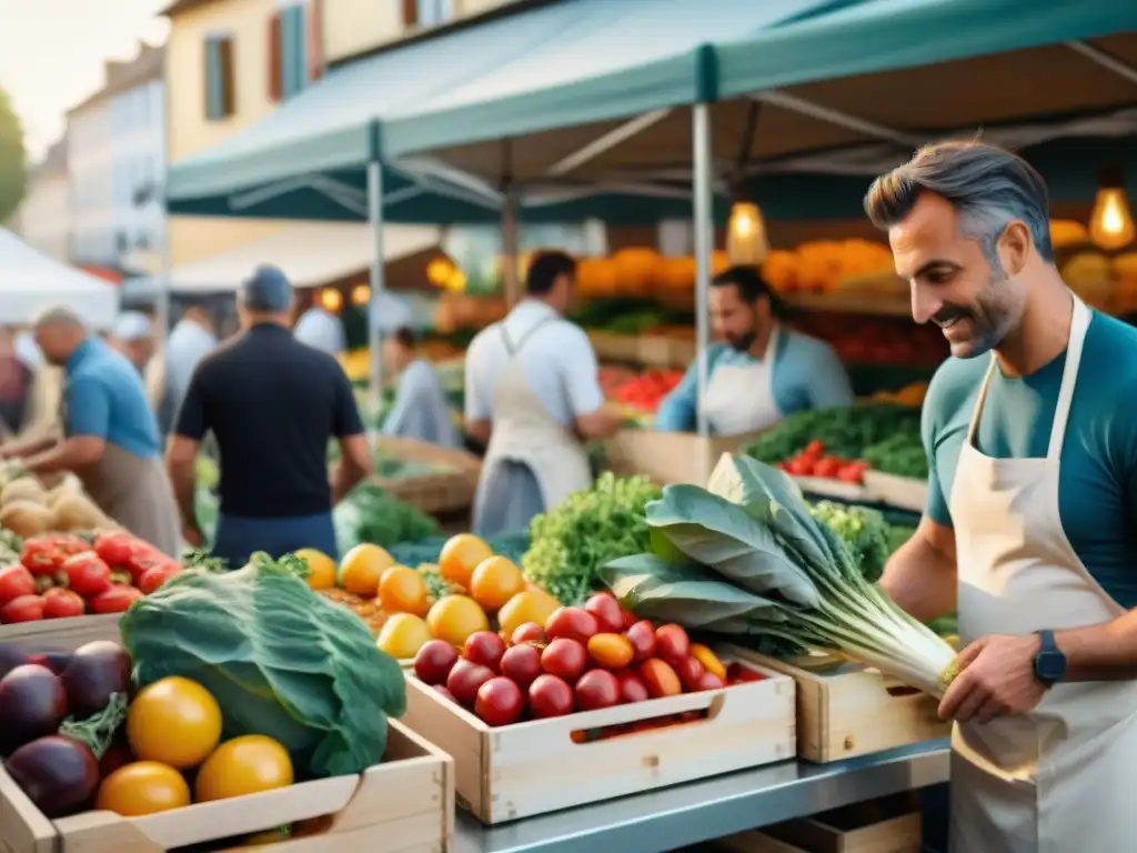 Un mercado francés bullicioso en una mañana soleada, chefs seleccionando ingredientes frescos