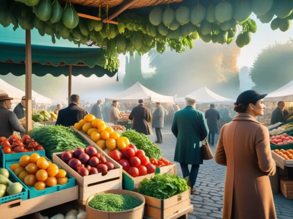 Un mercado francés bullicioso en una mañana fresca, influencia gastronomía francesa tendencias culinarias