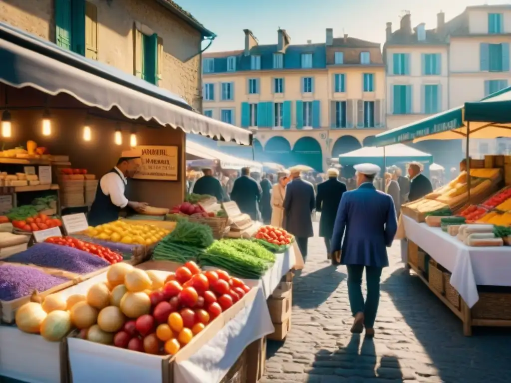 Mercado francés bullicioso por la mañana con historia ingredientes cocina francesa evolución