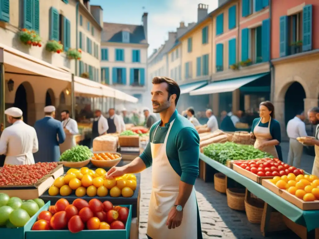 Un mercado francés bullicioso en una mañana soleada, con puestos de productos vibrantes y chefs enérgicos