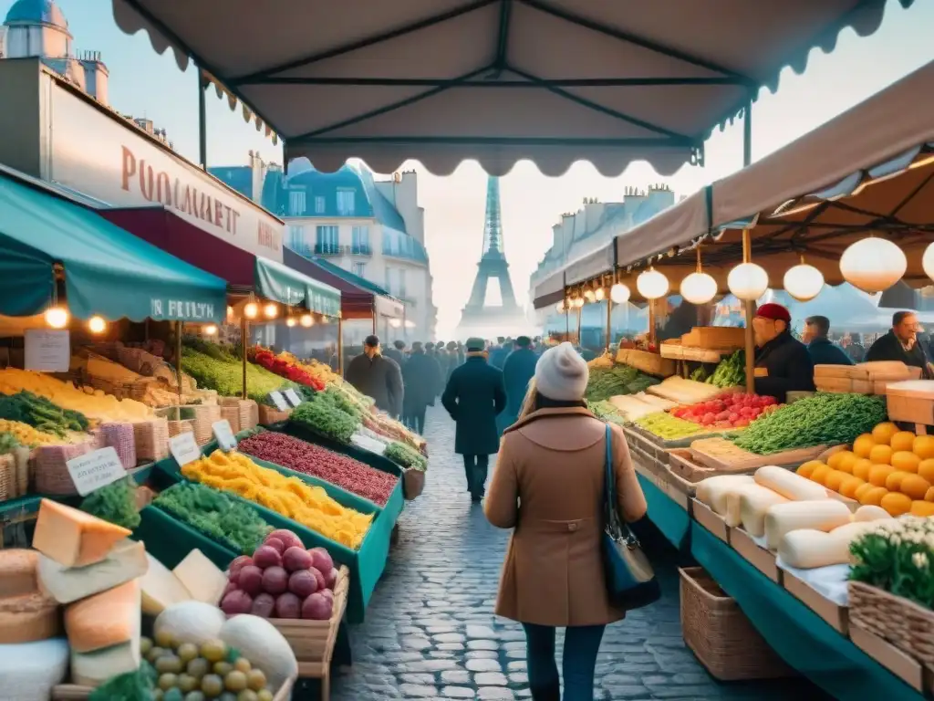 Un mercado francés bullicioso en la mañana, con productos frescos, quesos artesanales y la Torre Eiffel al fondo