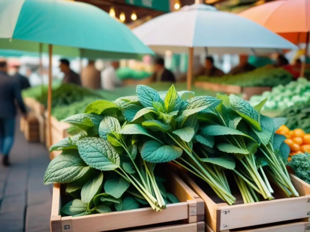 Un mercado francés bullicioso con menta fresca en cajas de madera