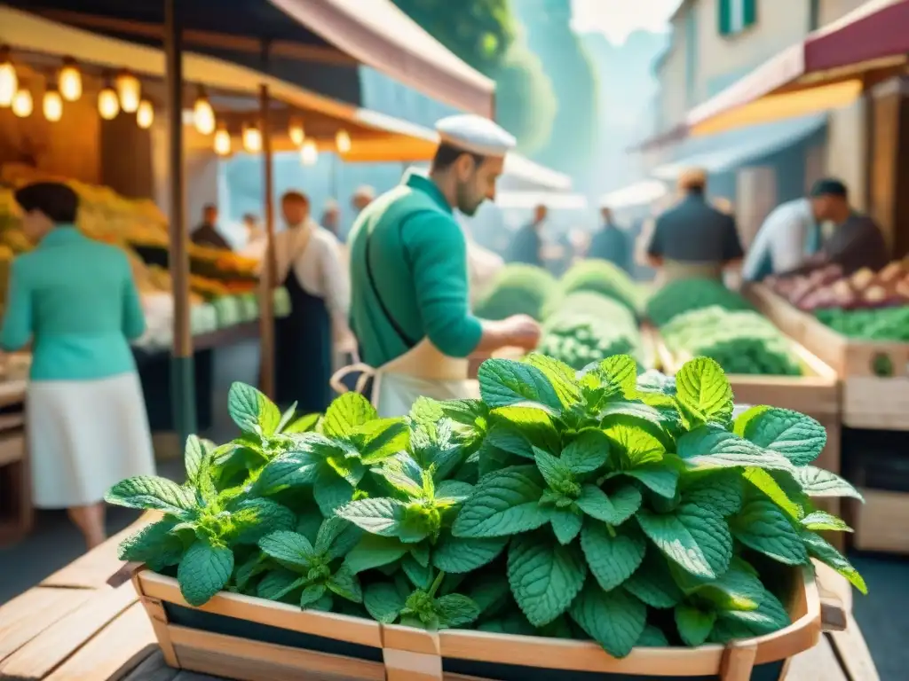 Un mercado francés bullicioso con montones de menta fresca