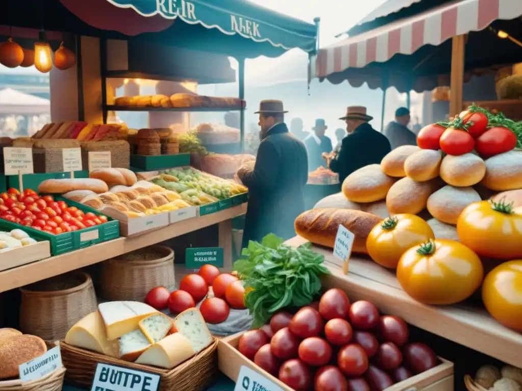 Un mercado francés bullicioso con productos frescos y coloridos, una panadería tradicional de fondo y la luz de la mañana resaltando los ingredientes