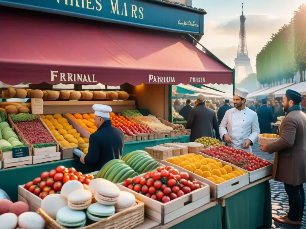 Un mercado francés bullicioso con productos frescos y la Torre Eiffel al fondo bajo una suave luz matutina