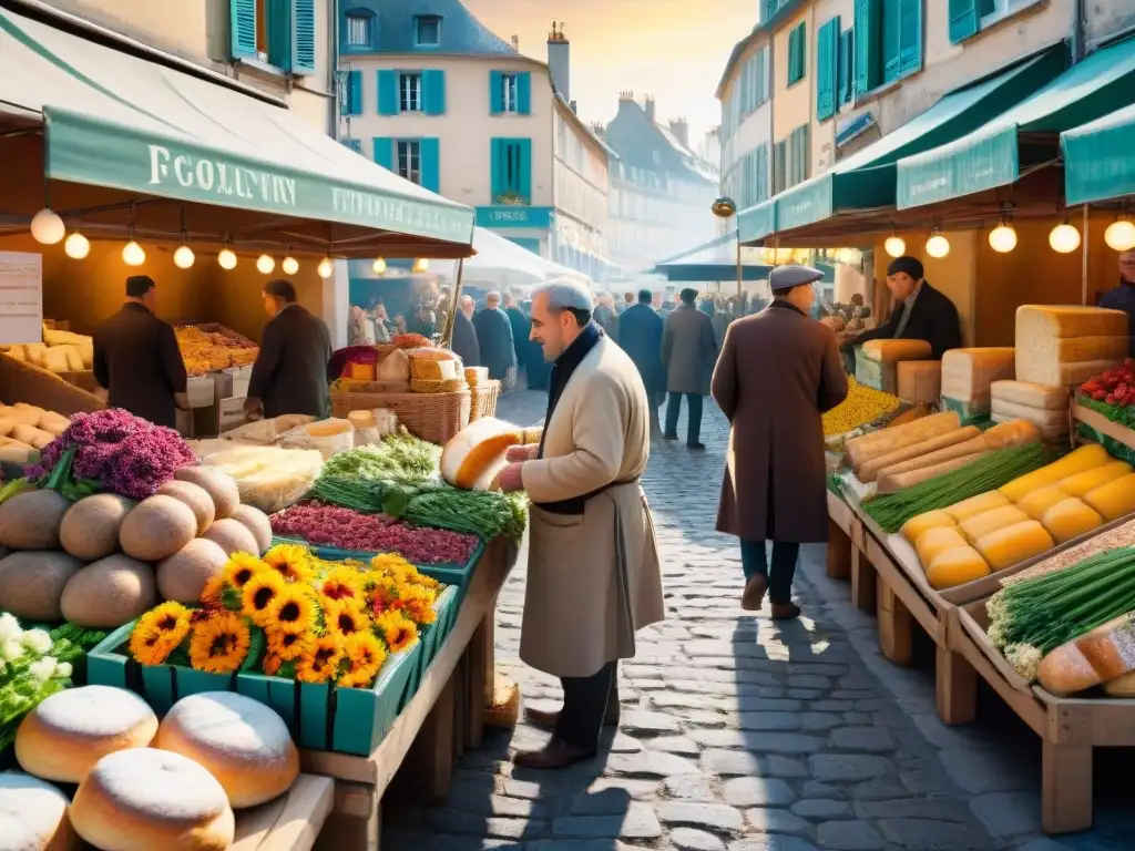 Un mercado francés bullicioso al amanecer con productos vibrantes y locales disfrutando del ambiente