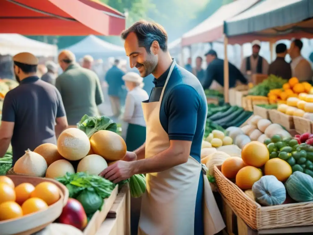 Un mercado francés bullicioso con productos frescos y coloridos, que refleja la cocina sostenible estilo francés