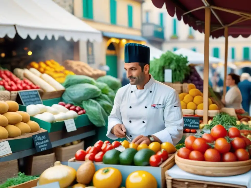 Un mercado francés bullicioso con productos frescos y un chef seleccionando ingredientes