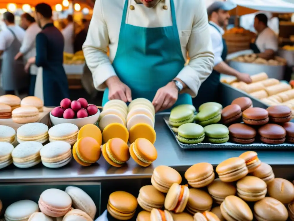 Un mercado francés bullicioso con productos frescos y coloridos, que fusiona la cocina francesa tradicional y moderna