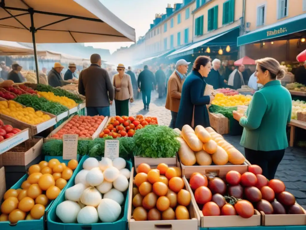 Un mercado francés bullicioso con productos locales: tomates, hierbas frescas, quesos artesanales y baguettes