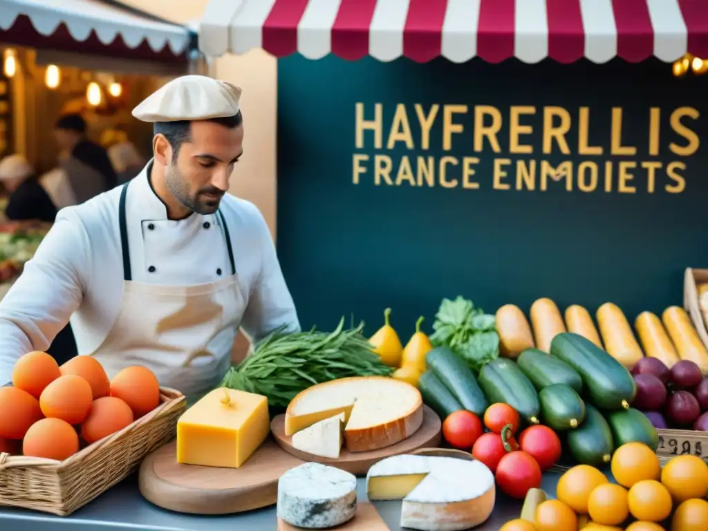 Un mercado francés bullicioso con productos frescos, quesos artesanales y baguettes