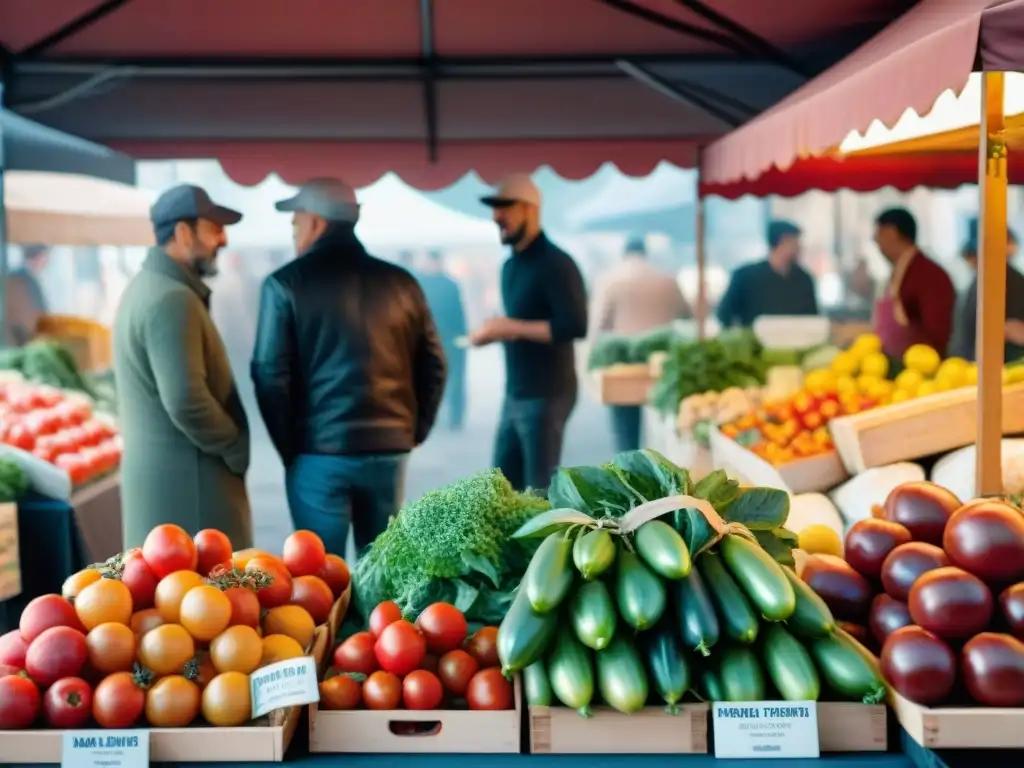 Un mercado francés bullicioso con productos frescos y locales, chefs seleccionando ingredientes y la cálida luz de la mañana