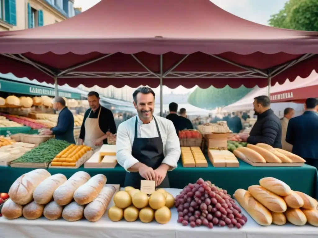 Un mercado francés bullicioso con productos frescos y la torre Eiffel al fondo