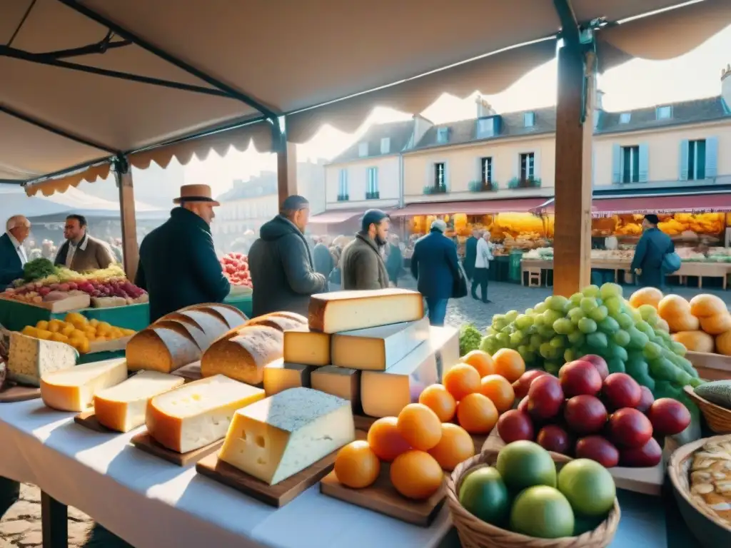 Un mercado francés bullicioso con productos frescos y quesos artesanales, reflejando la influencia global de la gastronomía francesa