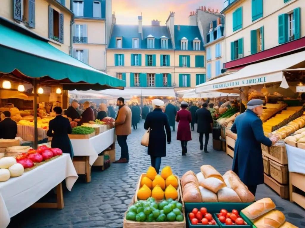 Un mercado francés bullicioso con productos frescos y coloridos, rodeado de edificios parisinos elegantes