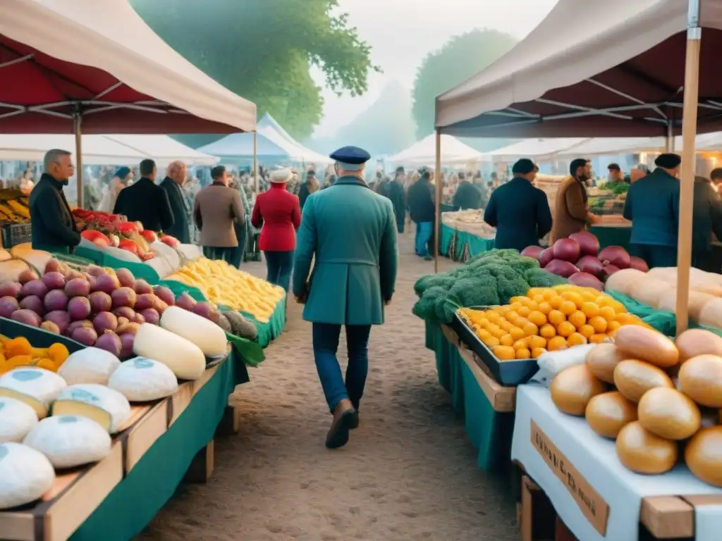 Un mercado francés bullicioso, con productos frescos y quesos artesanales, evocando la influencia gastronómica francesa en tendencias culinarias