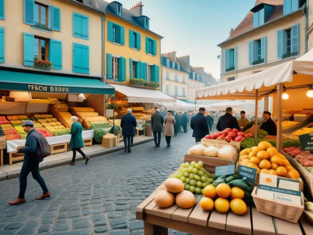 Un mercado francés bullicioso al amanecer, con productos coloridos y gente animada