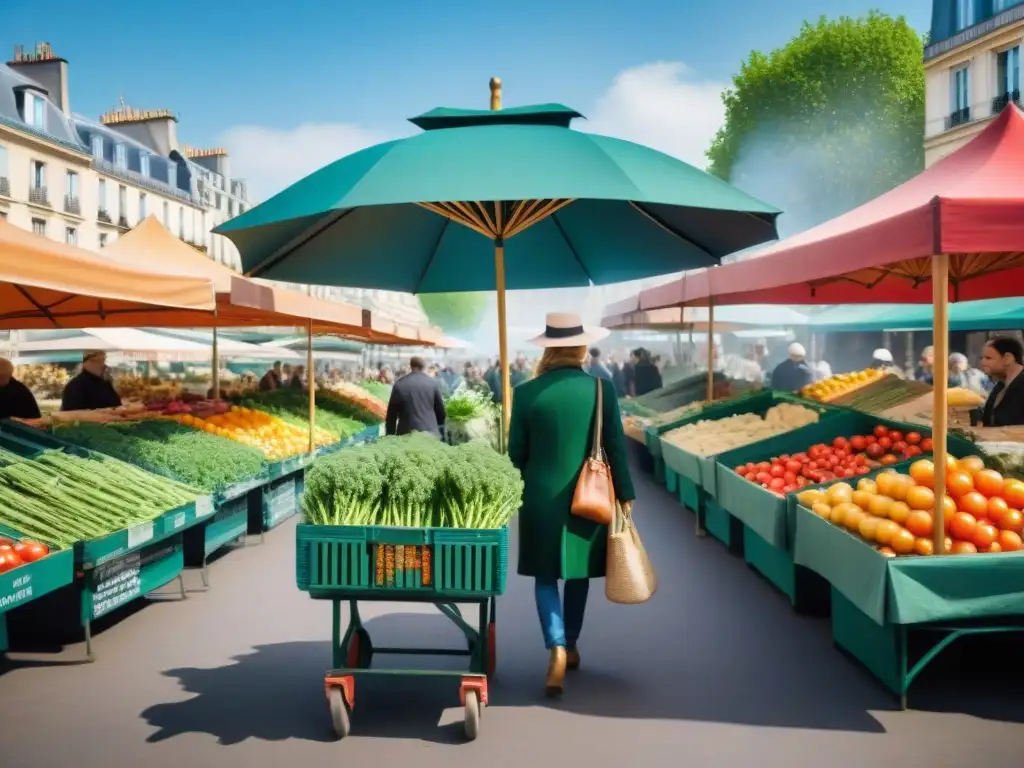 Un mercado francés bullicioso con productos frescos y coloridos, reflejando la gastronomía francesa y cocina vegetariana vegana