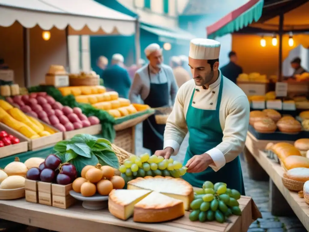 Mercado francés bullicioso con productos frescos, quesos artesanales y pasteles tradicionales