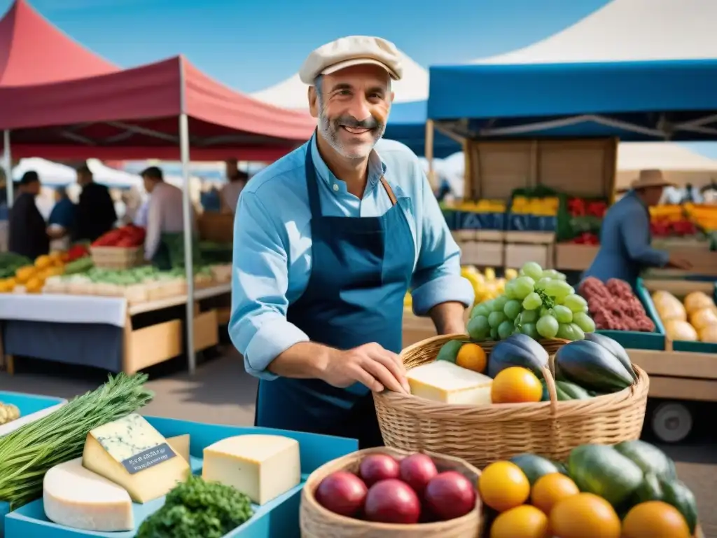 Un mercado francés bullicioso con productos frescos y coloridos, quesos artesanales y carnes locales bajo un cielo azul