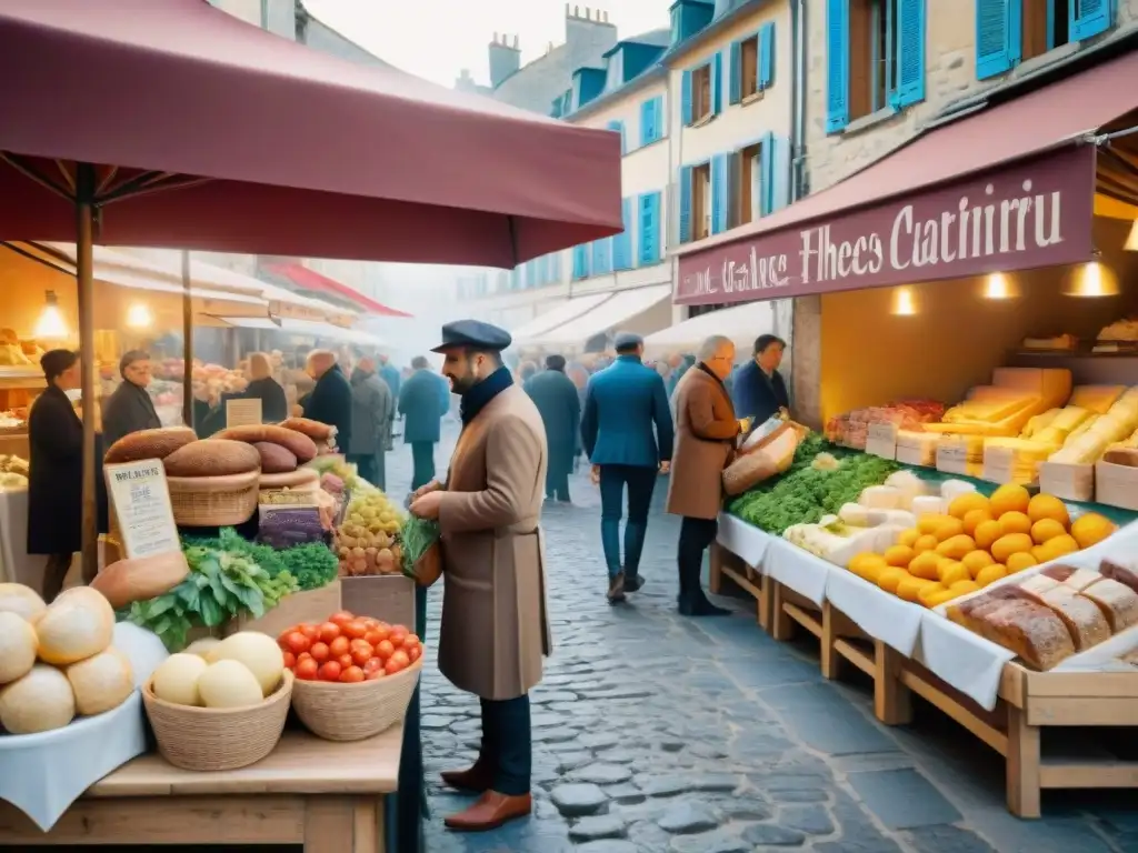 Mercado francés bullicioso con productos frescos, flores coloridas y delicias locales, rodeado de edificios históricos y multitudes animadas