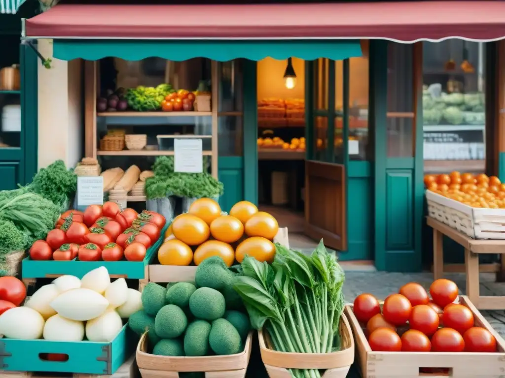 Un mercado francés bullicioso con productos frescos y coloridos, reflejando la dieta francesa equilibrada y saludable