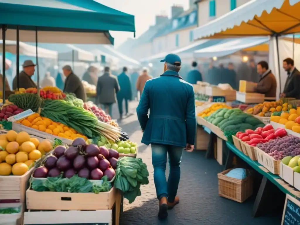 Un mercado francés bullicioso con productos frescos en la dieta: frutas, verduras y productos artesanales coloridos y diversos