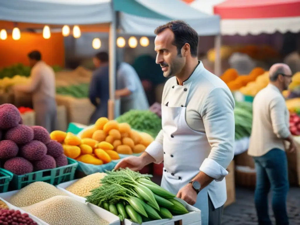 Un mercado francés bullicioso con productos coloridos y quinua andina