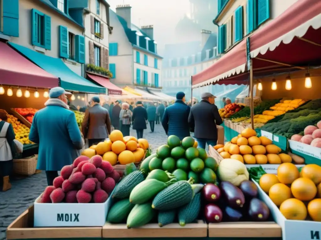 Un mercado francés bullicioso con productos veganos, frutas y verduras frescas