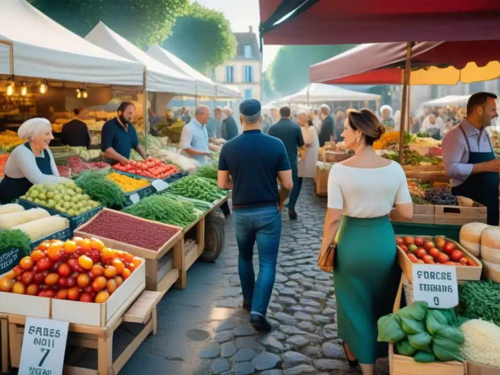 Un mercado francés bullicioso con productos frescos y coloridos, gente conversando y disfrutando vinos