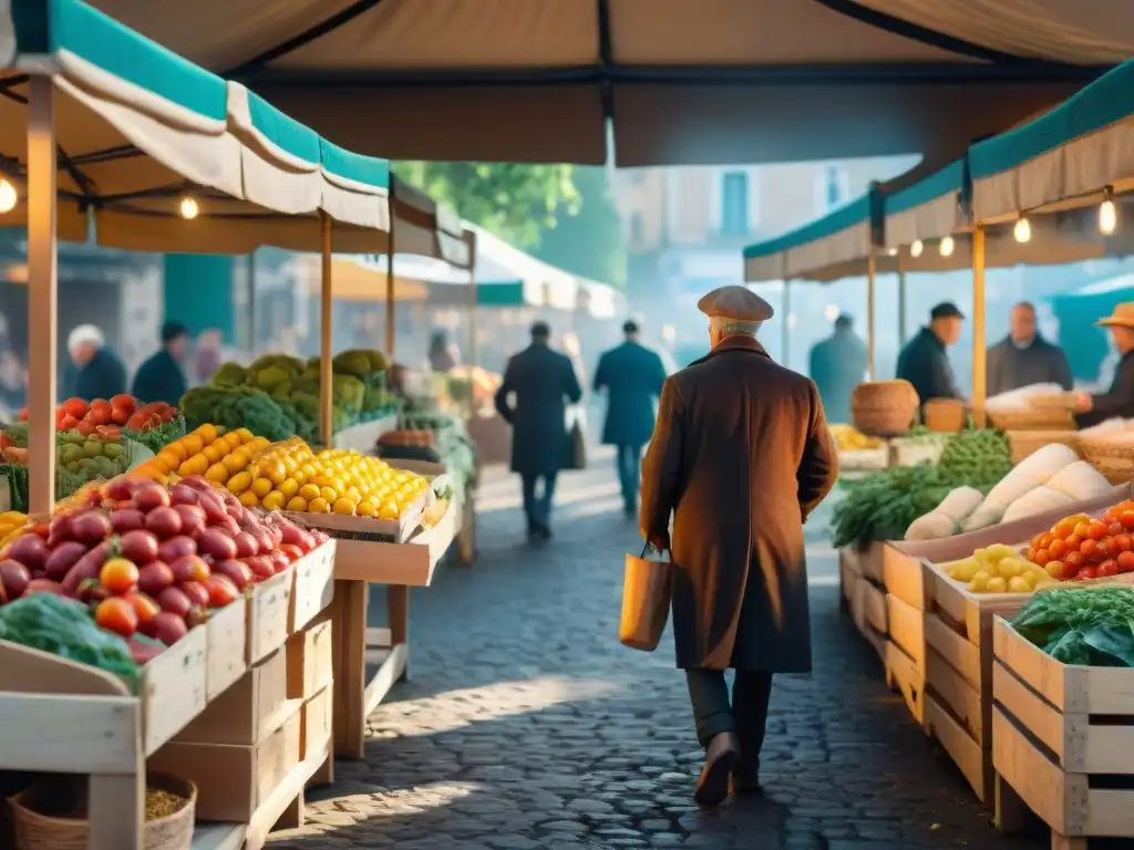 Un mercado francés bullicioso con productos frescos y coloridos, evocando la historia e evolución de los ingredientes de la cocina francesa