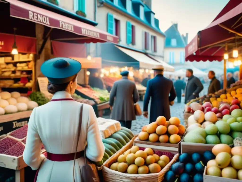 Mercado francés bullicioso con productos frescos, reflejando la evolución gastronómica y su influencia cultural