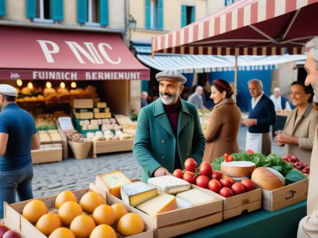 Mercado francés bullicioso con productos vibrantes y locales en busca de ingredientes para cocina francesa recetas tradicionales