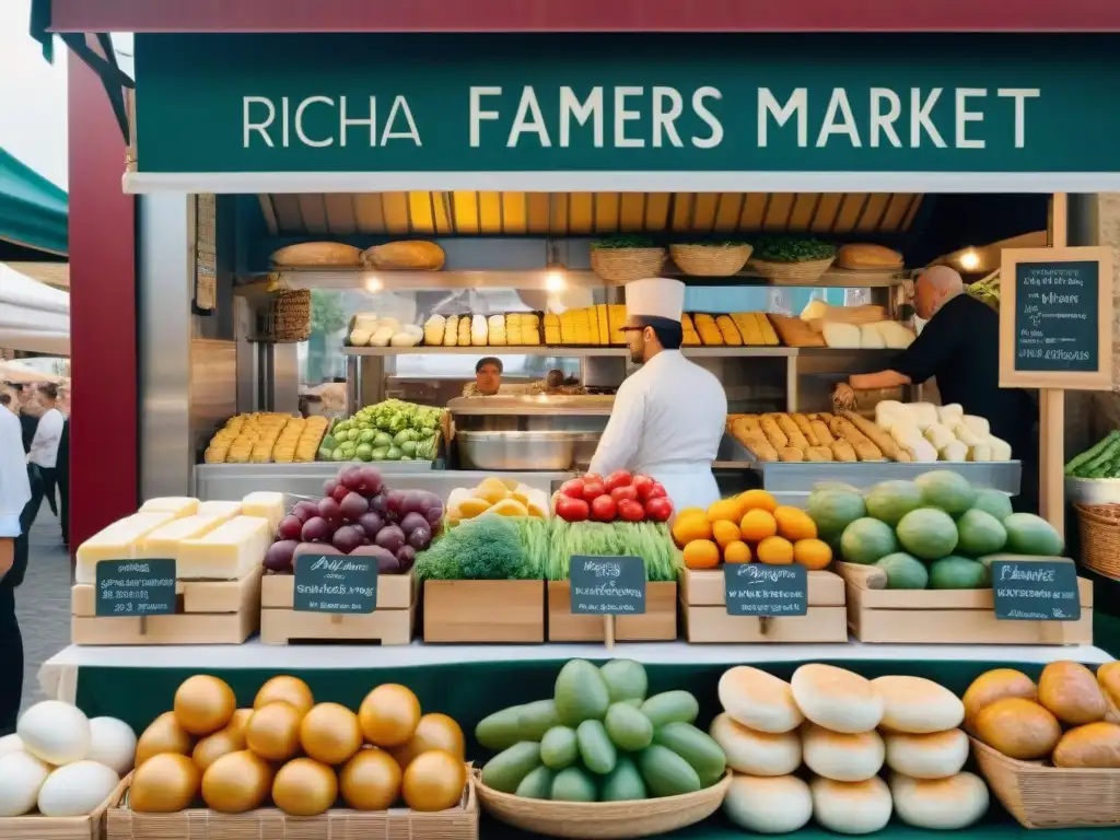 Un mercado francés bullicioso con productos frescos, quesos coloridos y panes artesanales