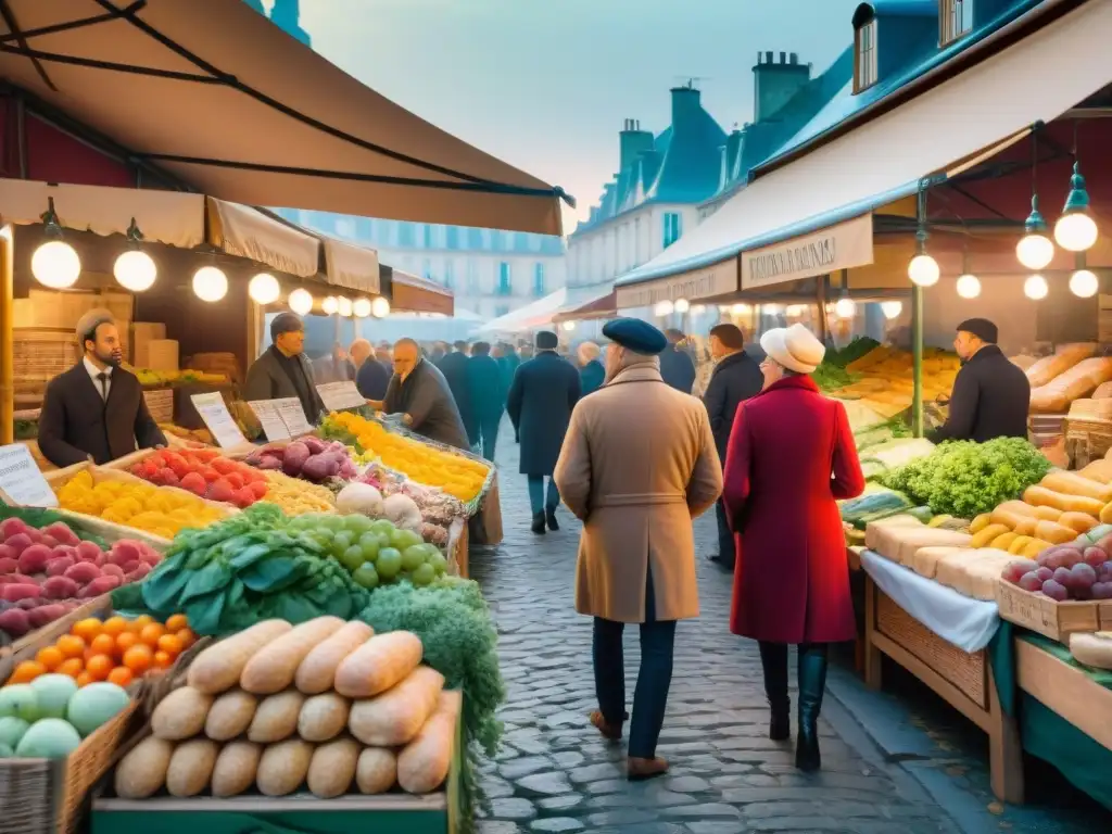 Un mercado francés bullicioso al amanecer con productos vibrantes y vendedores, reflejando la cocina tradicional francesa influencia cultural