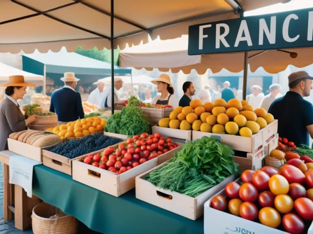 Un mercado francés bullicioso en Provence con productos frescos y coloridos, reflejando la influencia cultural de la cocina tradicional francesa