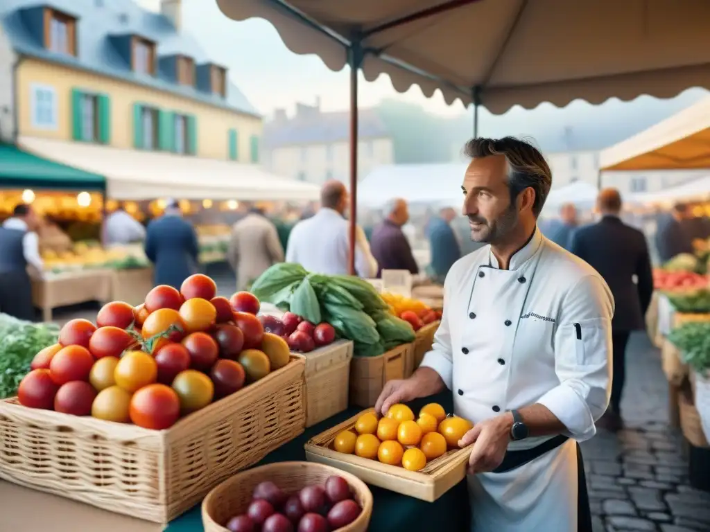 Un mercado francés bullicioso con productos locales y chefs eligiendo ingredientes para restaurantes Estrella Michelin en Francia