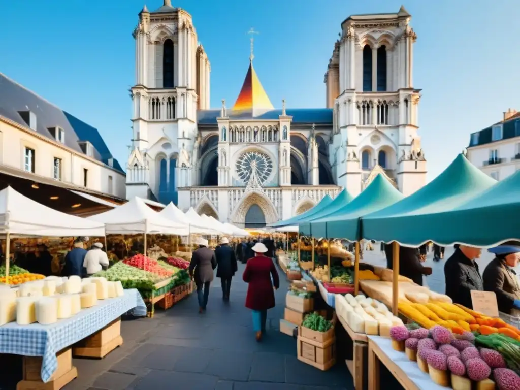 Un mercado francés bullicioso al amanecer con productos frescos y coloridas flores, capturando la esencia de la cultura culinaria francesa