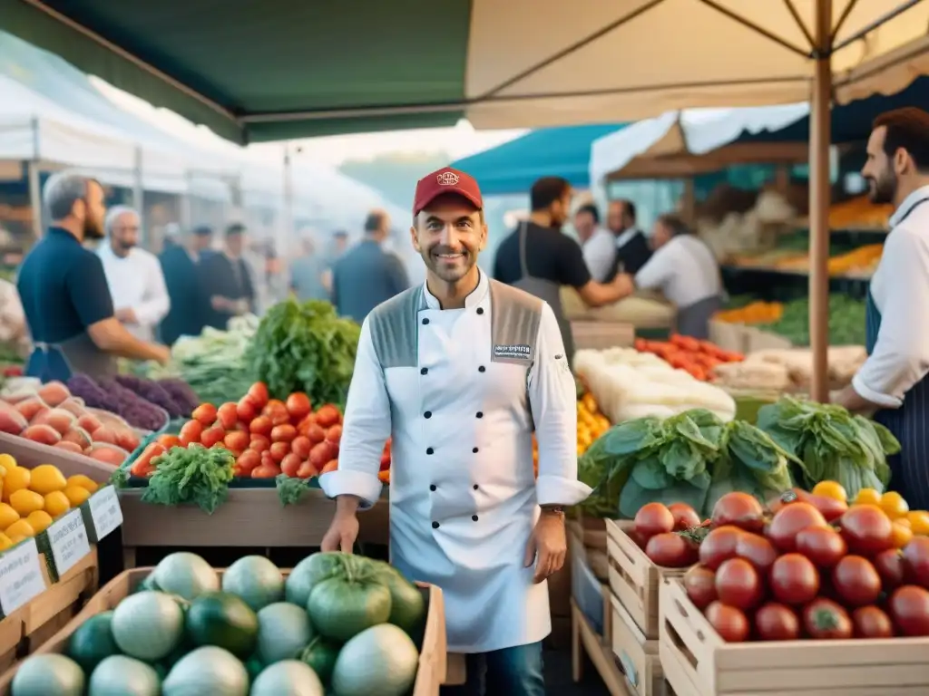 Un mercado francés bullicioso con productos frescos y chefs en discusión