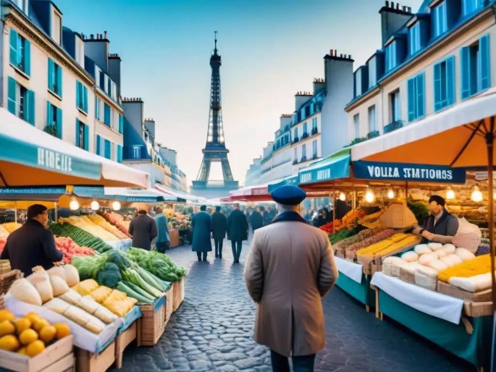 Mercado francés bullicioso con productos frescos bajo coloridos paraguas y la Torre Eiffel al fondo