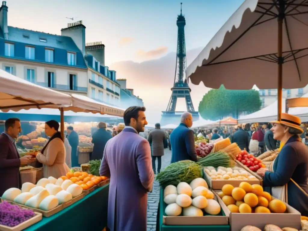 Un mercado francés bullicioso con productos frescos y coloridos, quesos artesanales y baguettes, bajo la Torre Eiffel