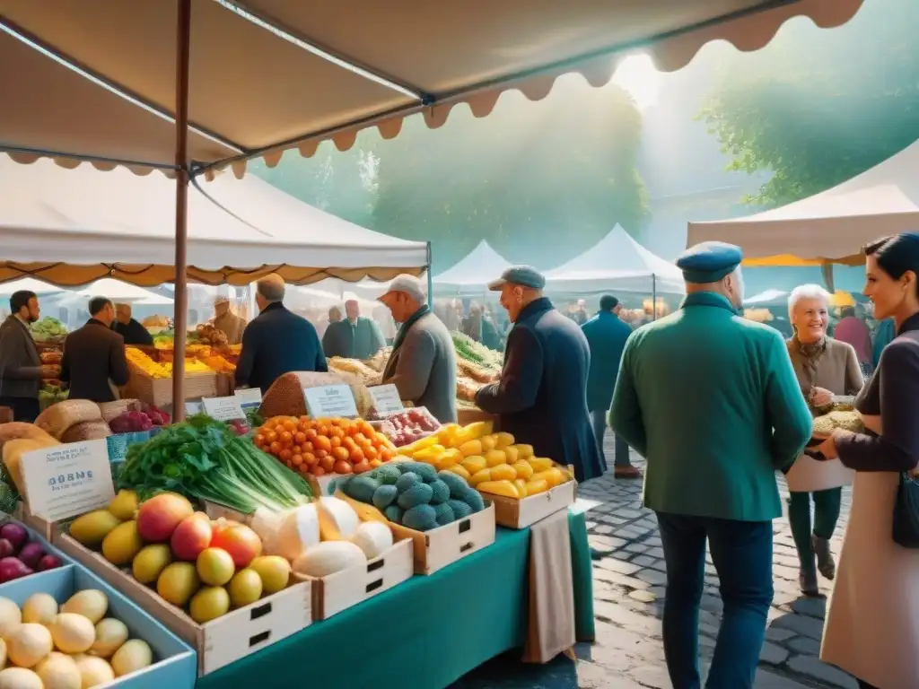 Un mercado francés bullicioso con productos frescos, colores vibrantes y una atmósfera animada