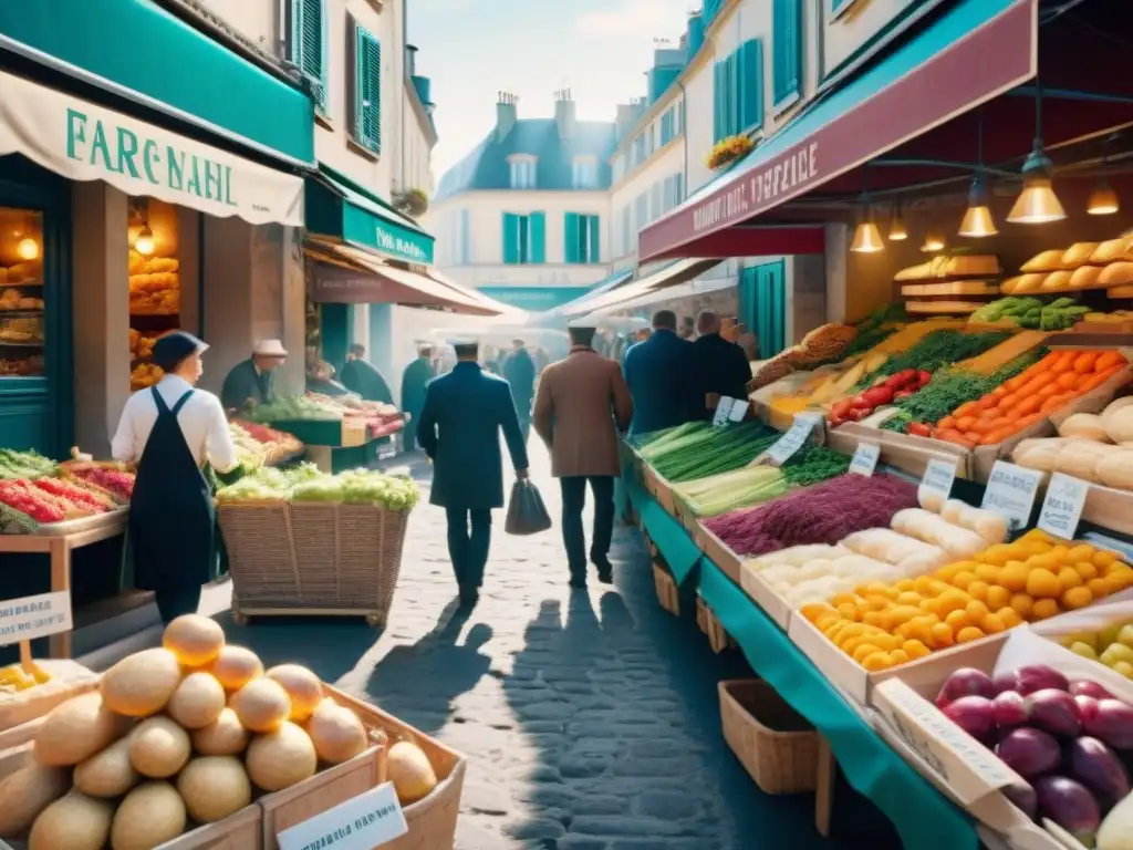 Mercado francés bullicioso con productos frescos y coloridos, chefs seleccionando ingredientes y una atmósfera cálida